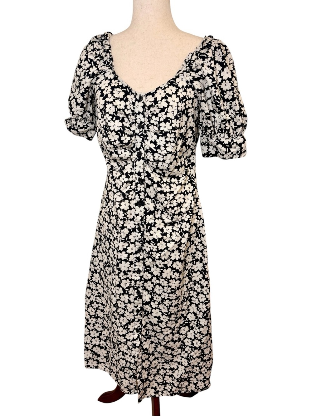 Who What Wear Black White Floral Linen Blend Midi Dress Feminine Romantic Medium